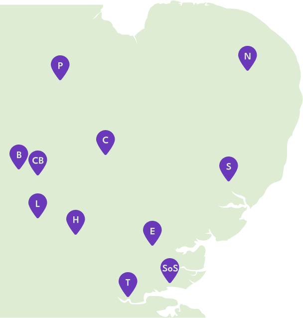 Map showing the East of England, with eleven locations pinned - showing the location of the eleven Authorities that make up the Eastern Region.